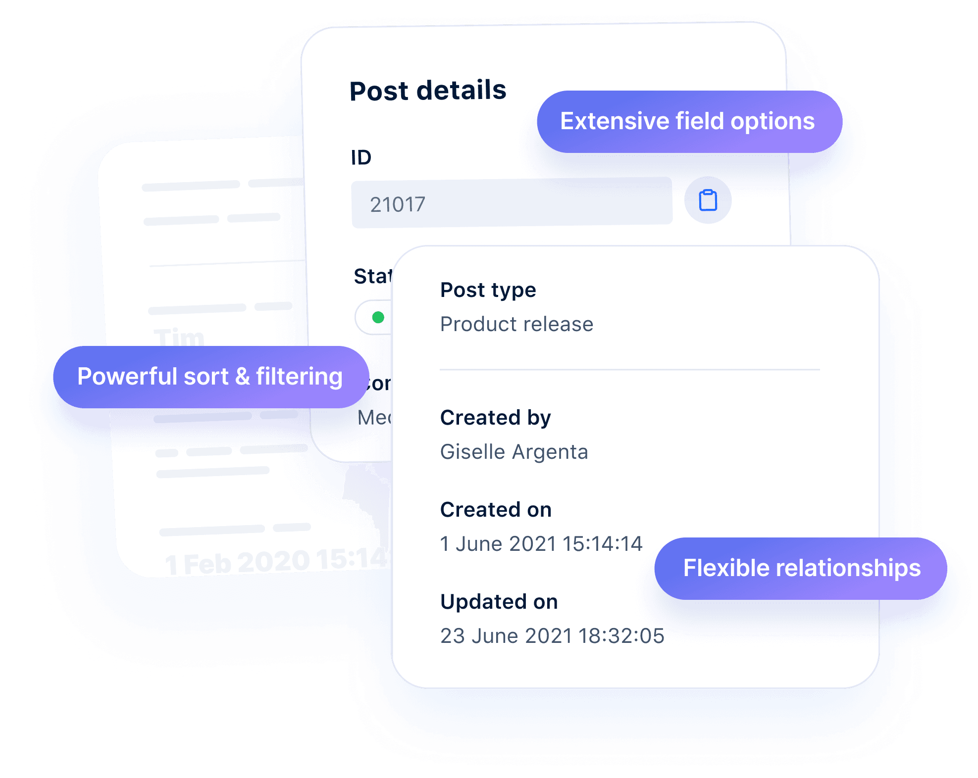 Overlay of Admin UI field panes showing fields for a Post content type. Promotional text overlays show: extensive field options; flexible relationships; powerful sort & filtering.